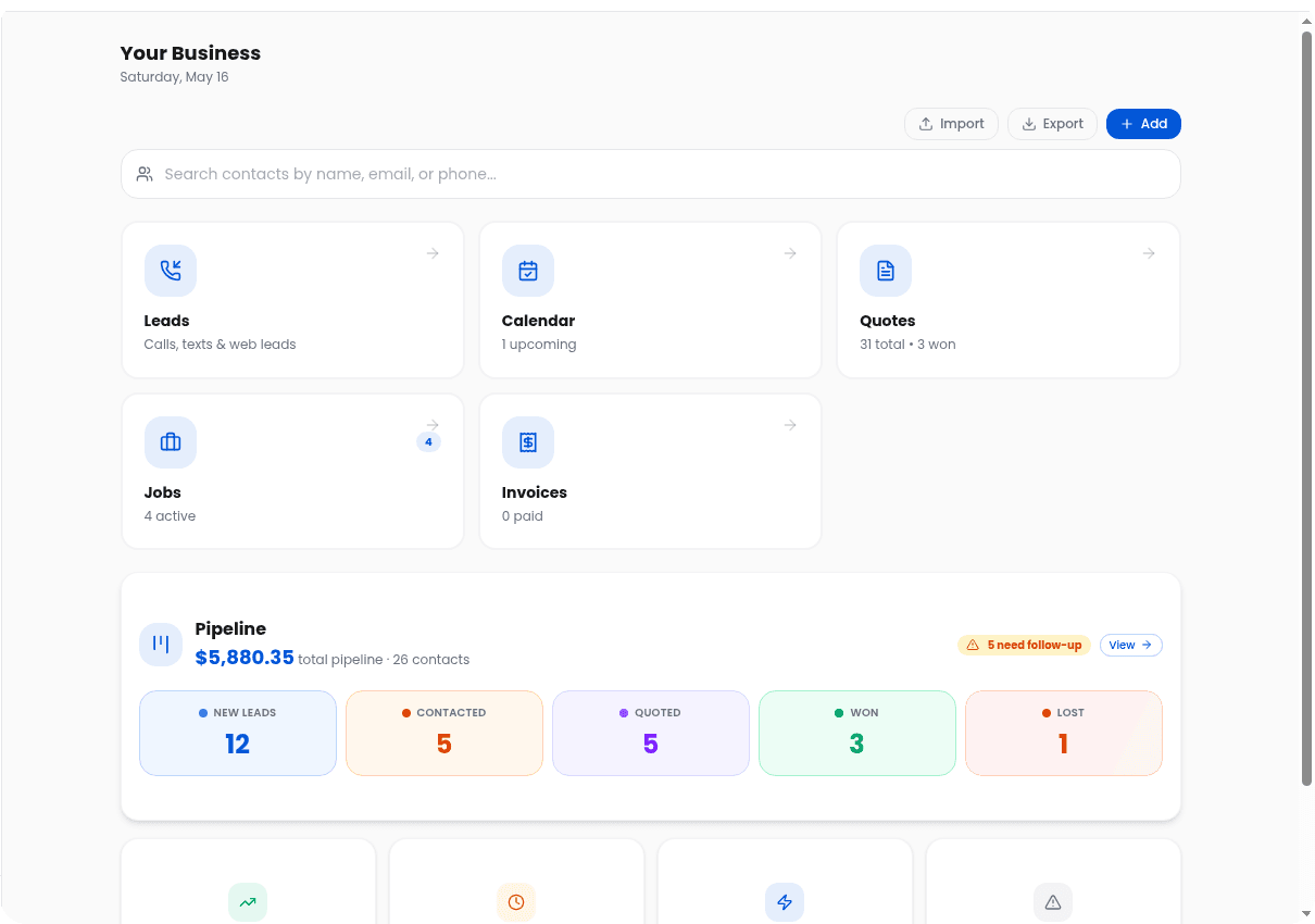 Contractor Autopilot Dashboard — leads, jobs, pipeline, invoices in one place