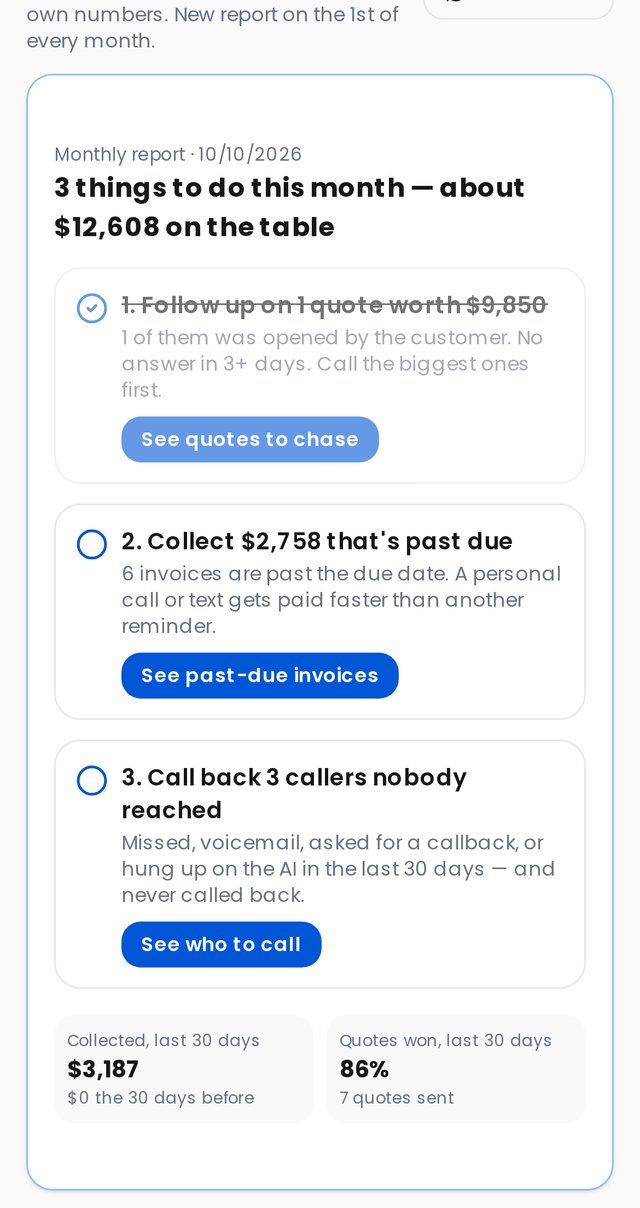 Business Coach monthly report with three money actions ranked by dollars