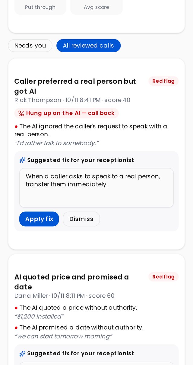 Call Manager reviewing AI receptionist calls with red flags and a suggested fix