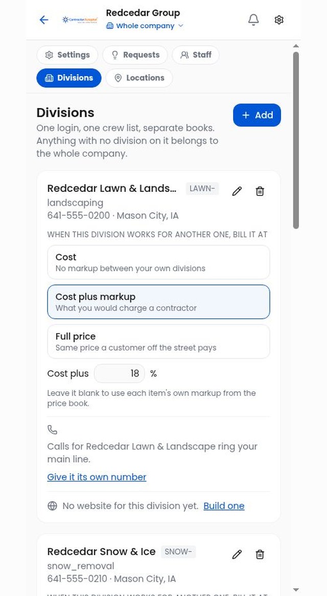 Setting how one division bills another — at cost, cost plus markup, or full price