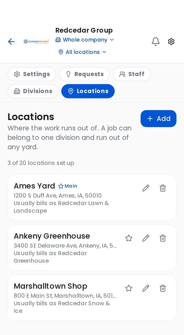 Three locations of one contracting business, each with its own address and usual division