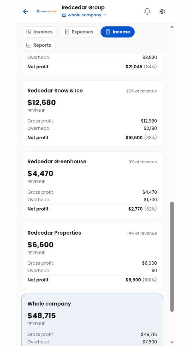 Profit and loss per division with the company roll-up in Contractor Autopilot