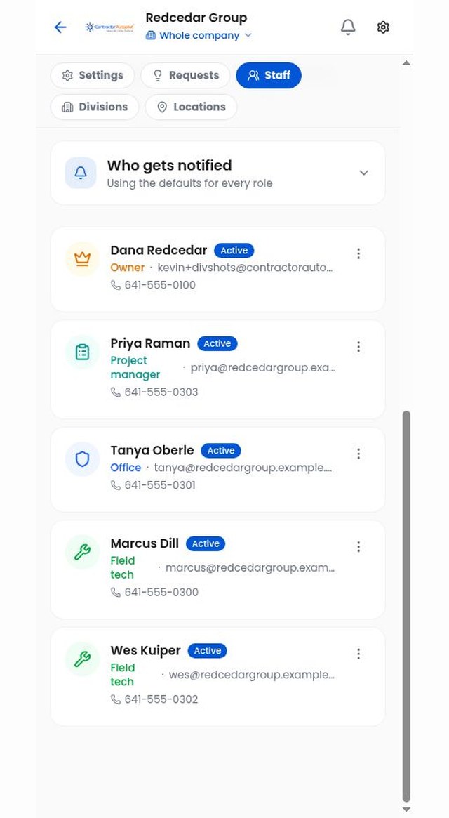 One shared crew list across four divisions in Contractor Autopilot