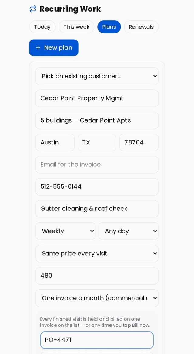 Commercial account with monthly billing, PO number and net terms