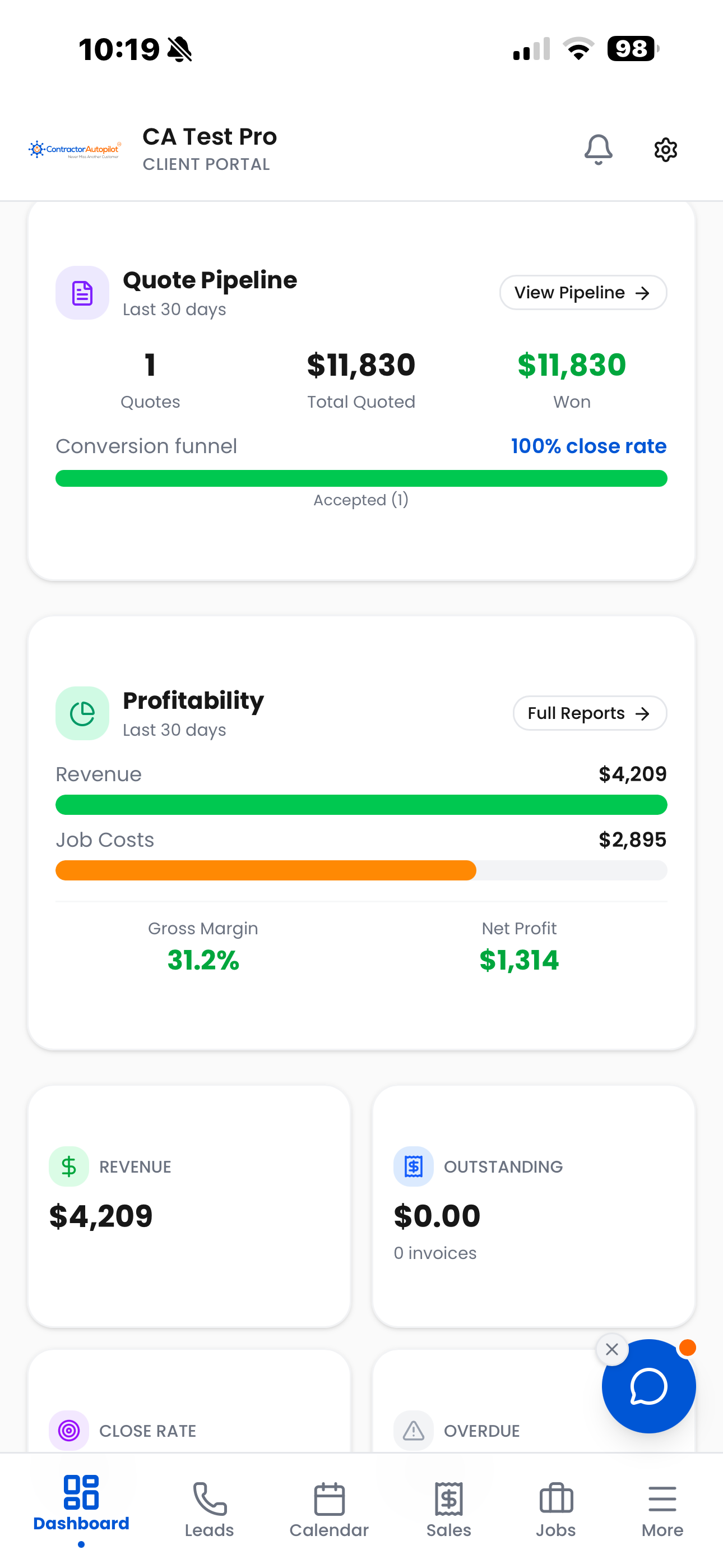 Contractor job activity timeline