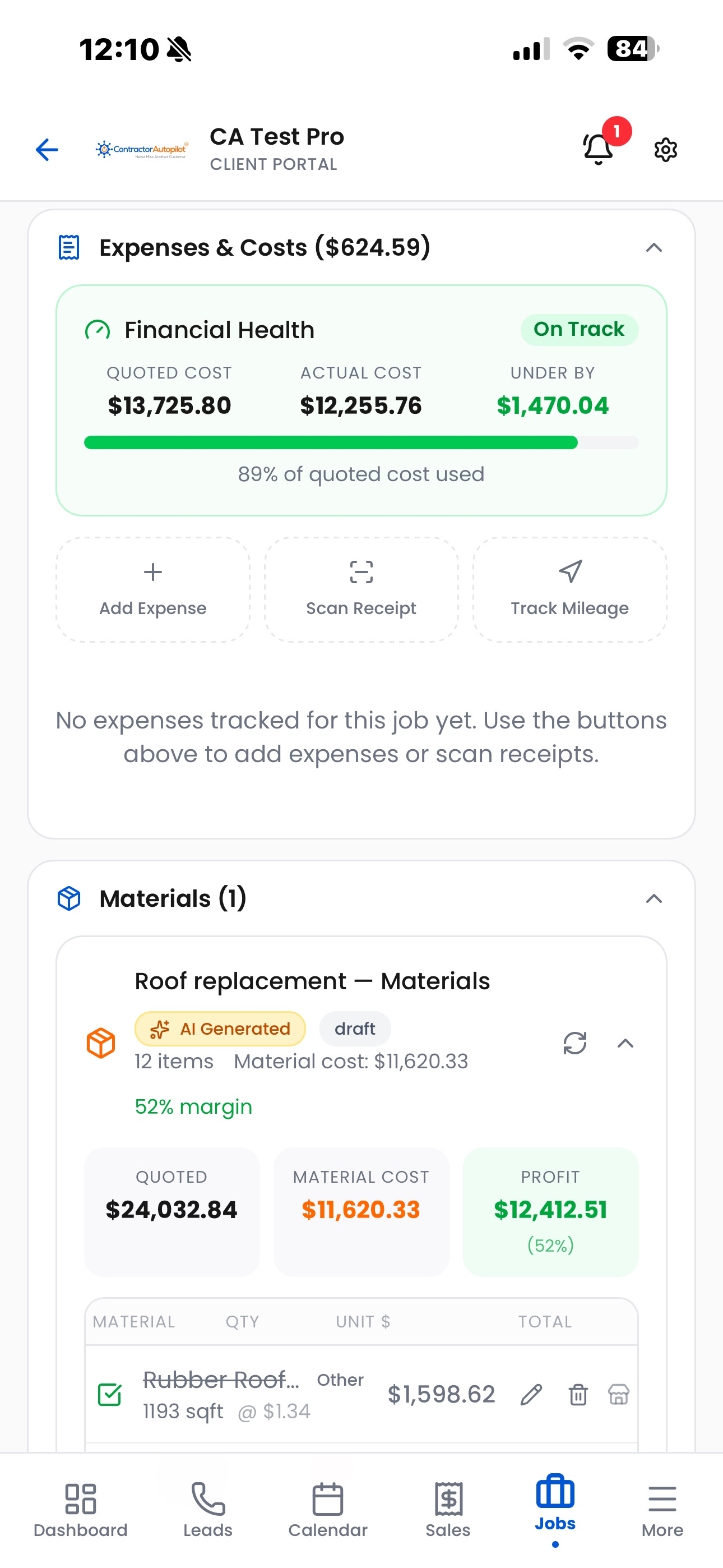 Materials and expense tracking for contractors
