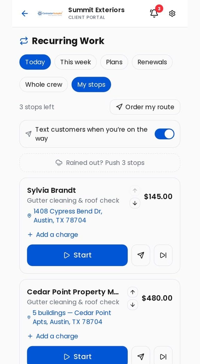 On-the-way text setting on a recurring service route