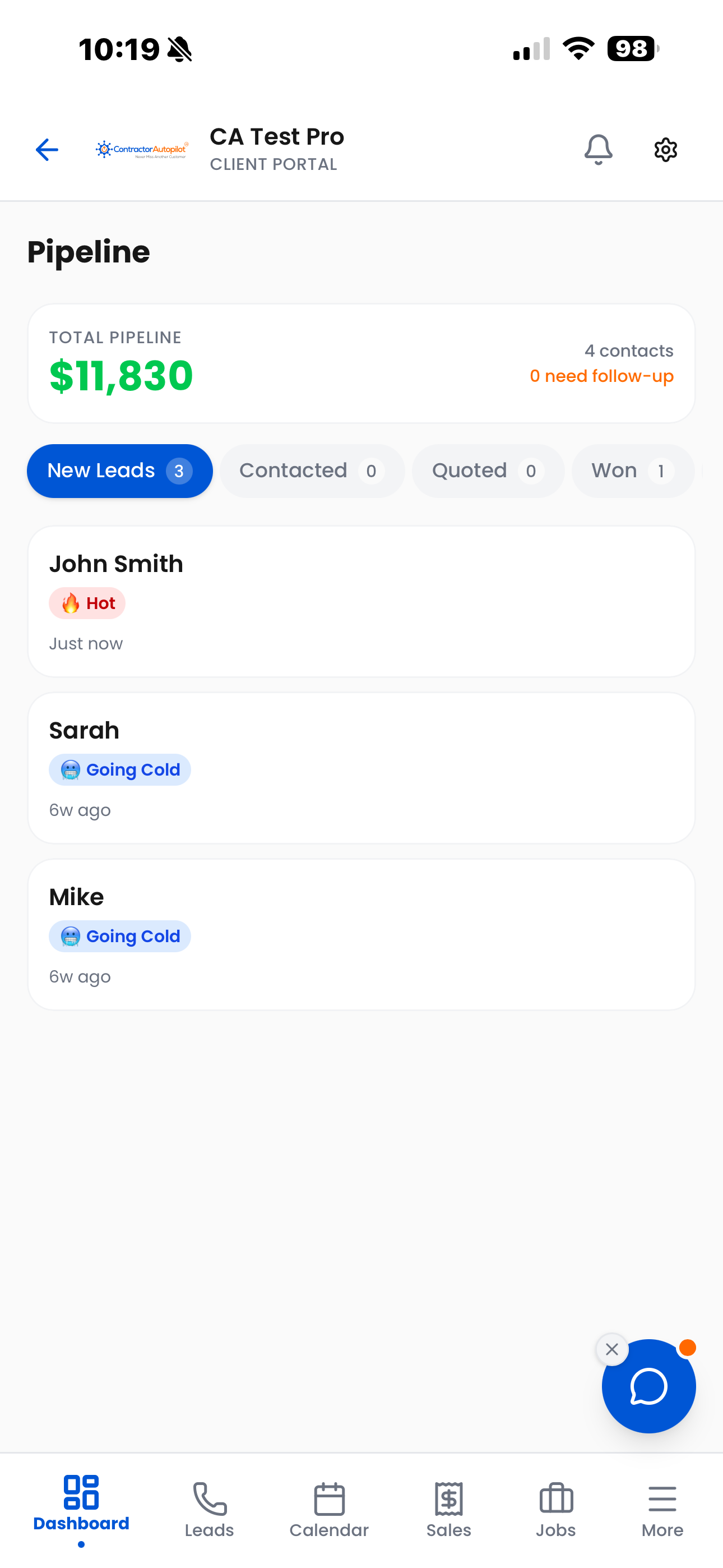 Contractor CRM pipeline