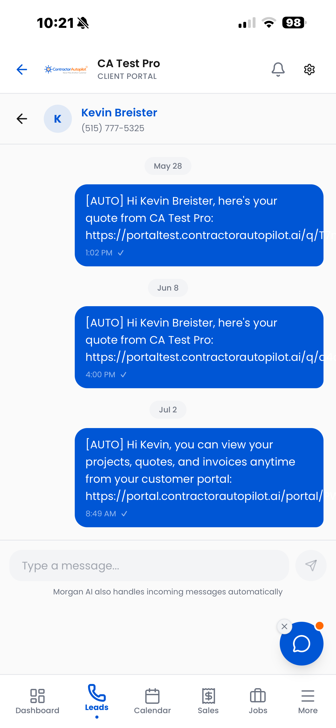 Missed call auto-text for contractors